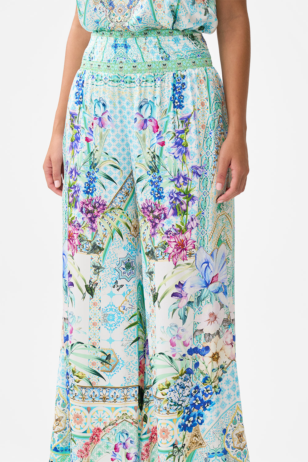 The CAMILLA SHIRRED WAIST PANT SUNRISE IN SINTRA in our  print.