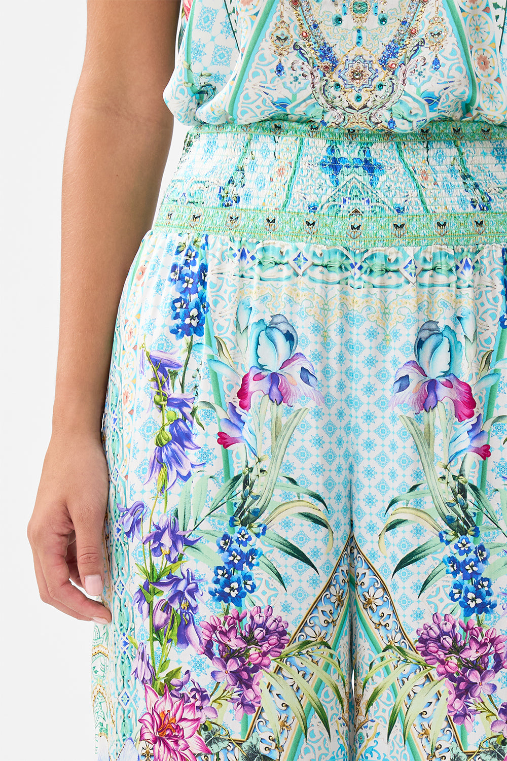 The CAMILLA SHIRRED WAIST PANT SUNRISE IN SINTRA in our  print.