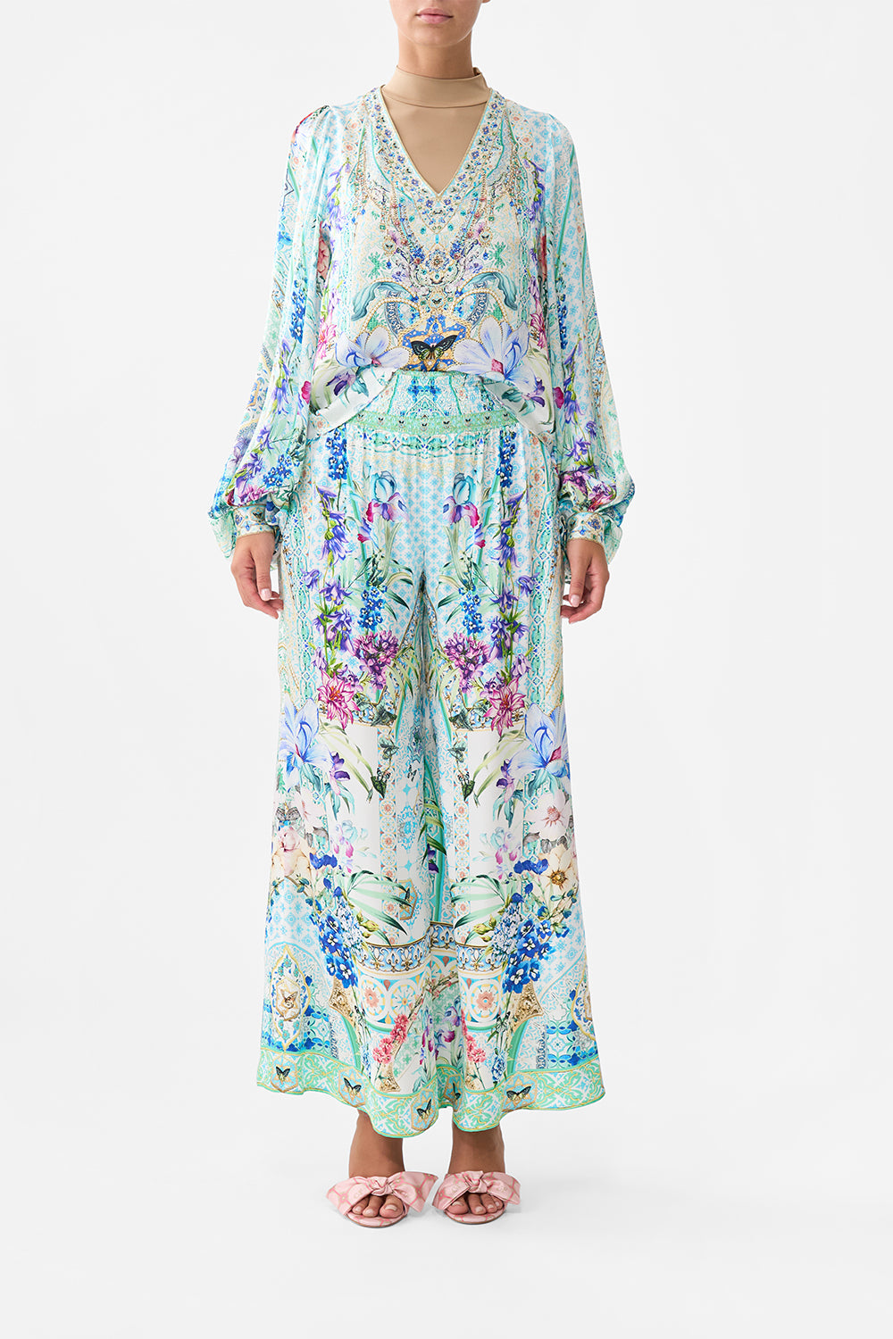 The CAMILLA SHIRRED WAIST PANT SUNRISE IN SINTRA in our  print.