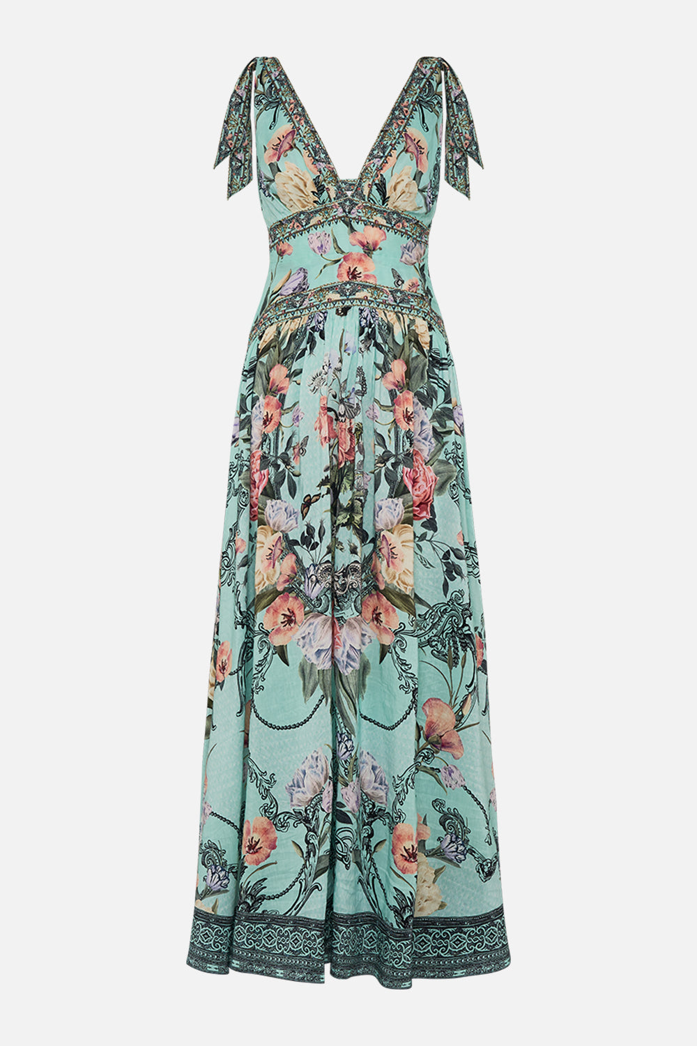 CAMILLA blue tie shoulder dress in Petal Promise Land print.