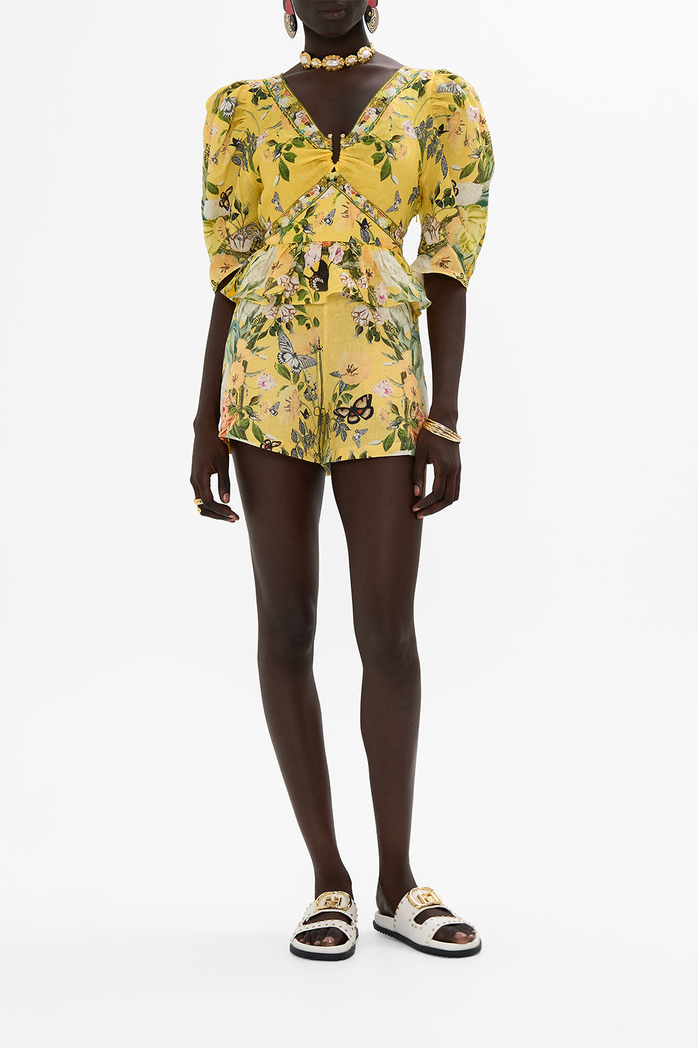 CAMILLA gold puff sleeve top with hardware in Paths Of Gold print.