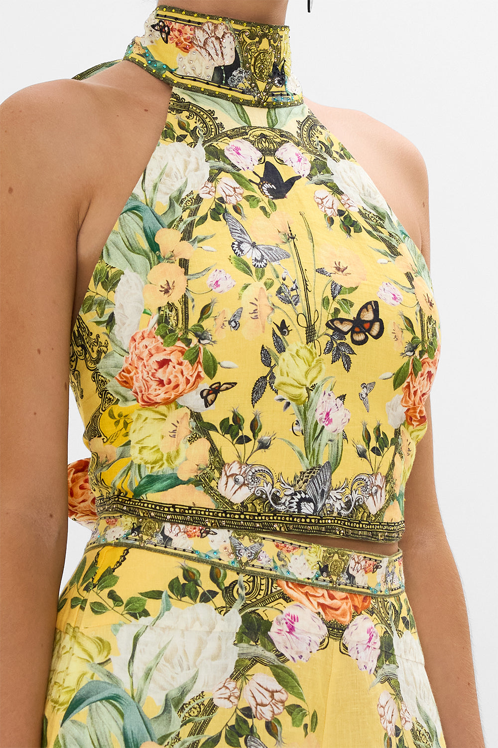 CAMILLA gold halter tie-back top in Paths Of Gold print.