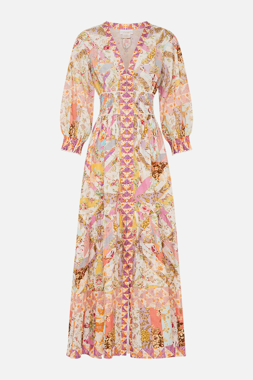 CAMILLA retro floral shirred waistband long dress in Sew Yesterday print.