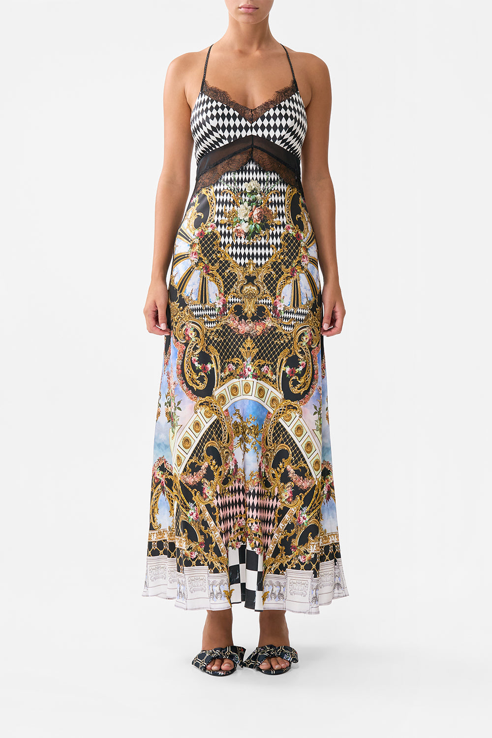 The CAMILLA LACE SPLICE BIAS LONG DRESS MONARCHY MANIA in our MONARCHY MANIA print.