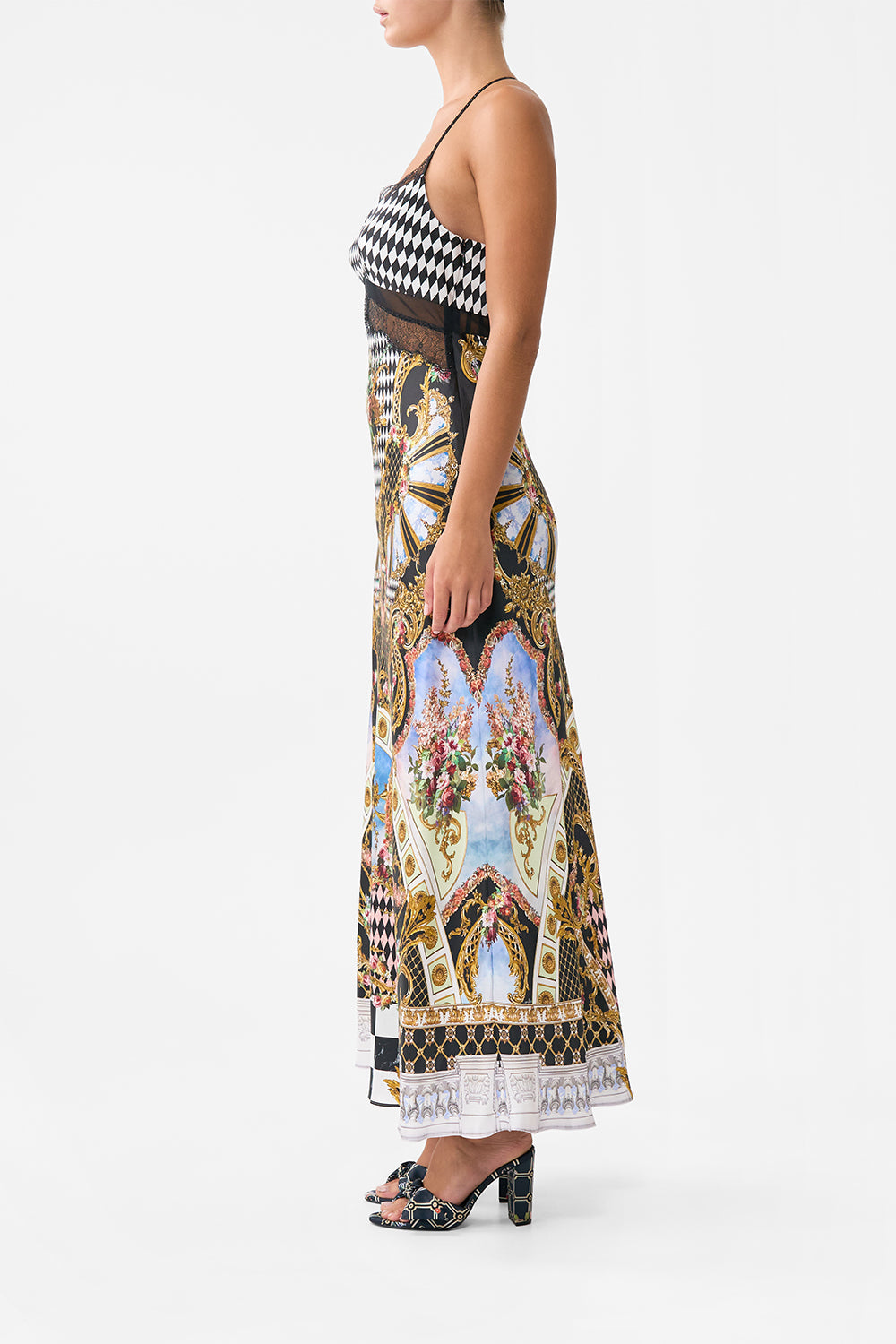 The CAMILLA LACE SPLICE BIAS LONG DRESS MONARCHY MANIA in our  print.