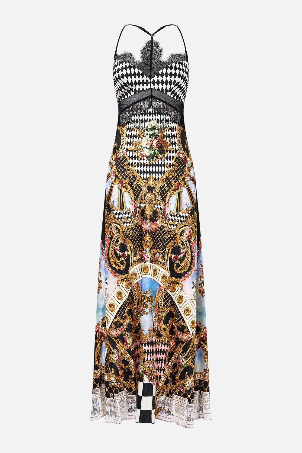 The CAMILLA LACE SPLICE BIAS LONG DRESS MONARCHY MANIA in our  print.