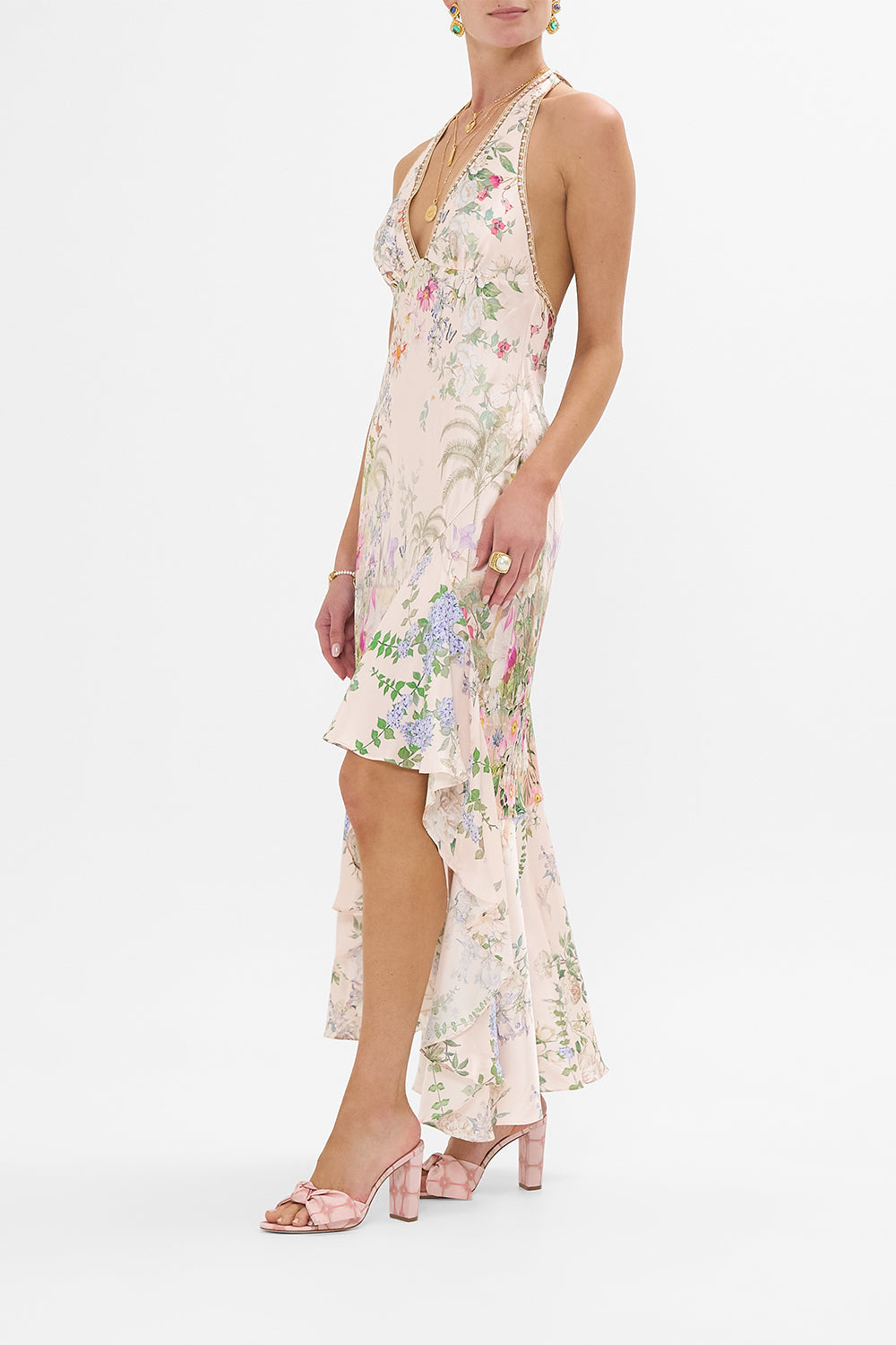 The CAMILLA BIAS HALTER DRESS WITH RUFFLE HEM PALACIO PLAYGROUND in our  print.