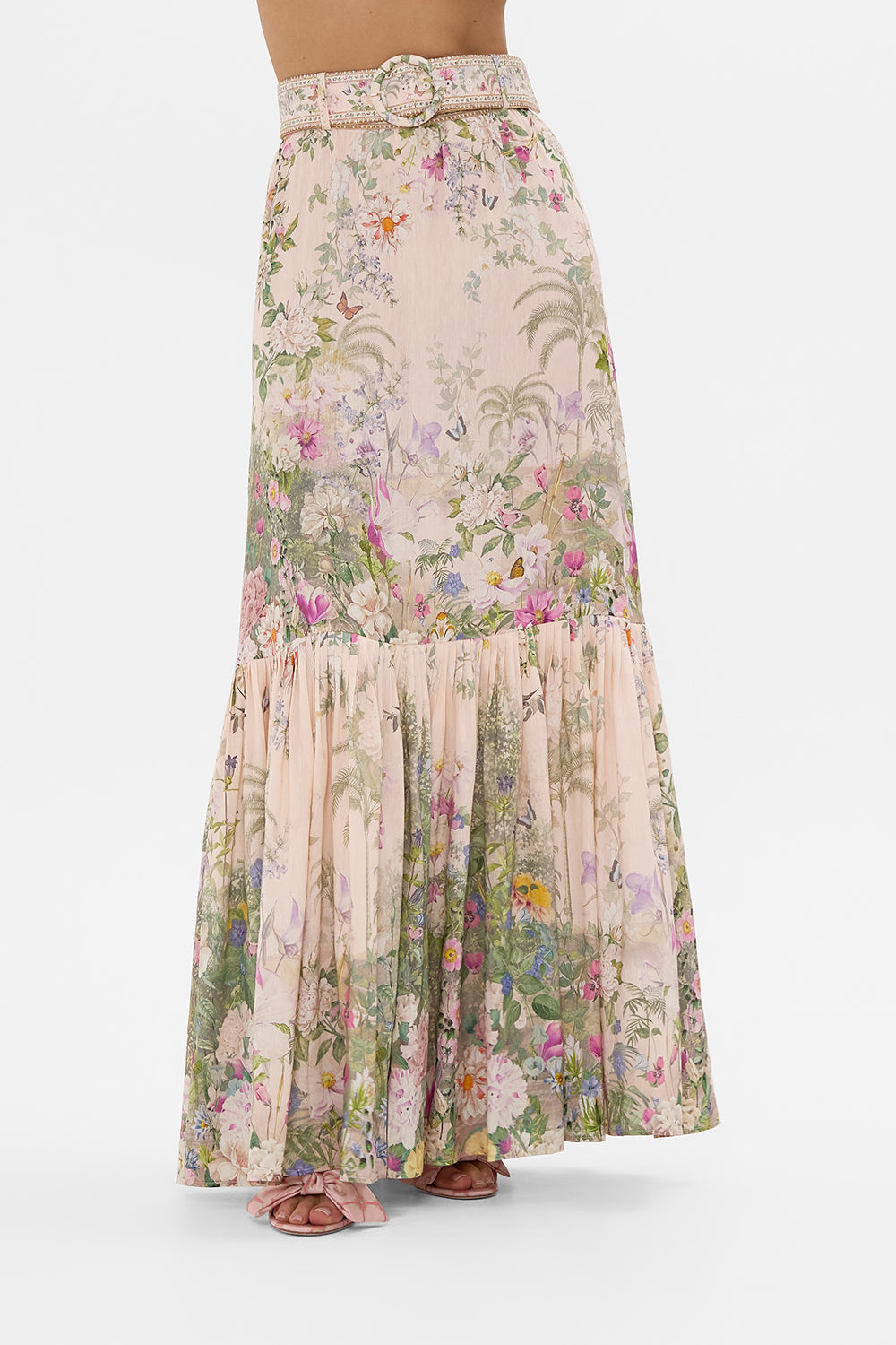 The CAMILLA SKIRT WITH DEEP HEM FRILL AND BELT PALACIO PLAYGROUND in our  print.