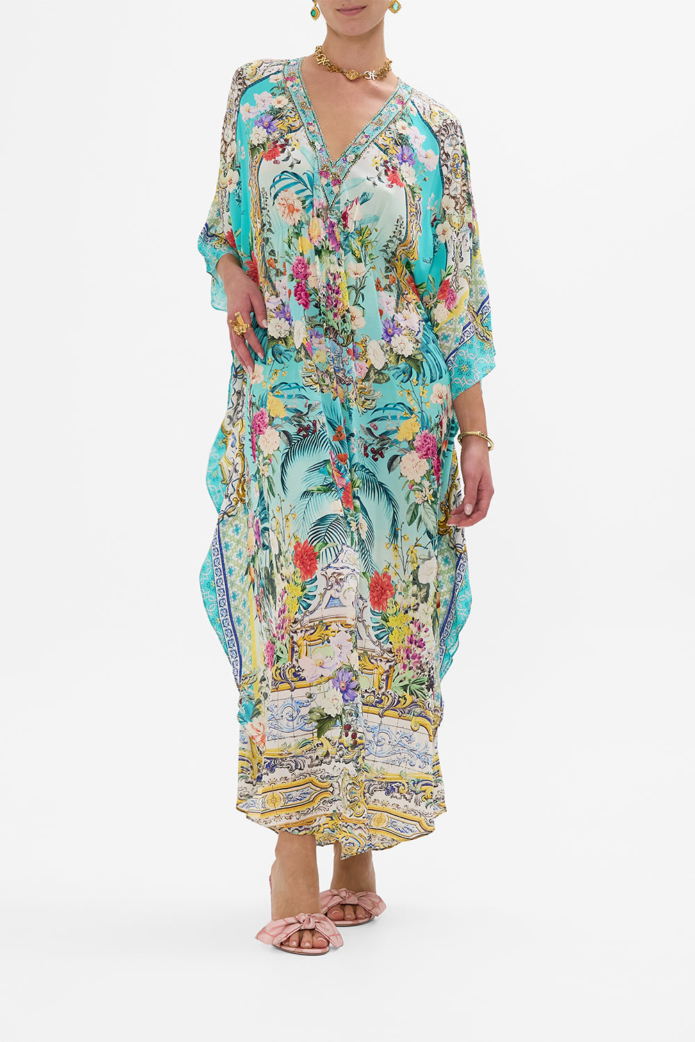 CAMILLA Gathered Waist Kaftan in Gardens Of Queluz print