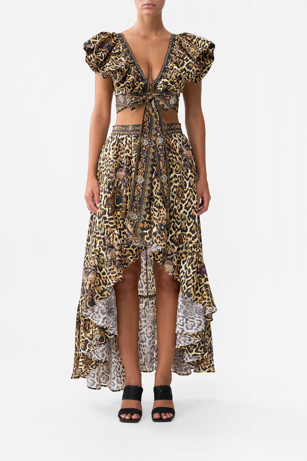 The CAMILLA RUFFLE WRAP TOP SAINTS AND SISTERS in our SAINTS AND SISTERS print.