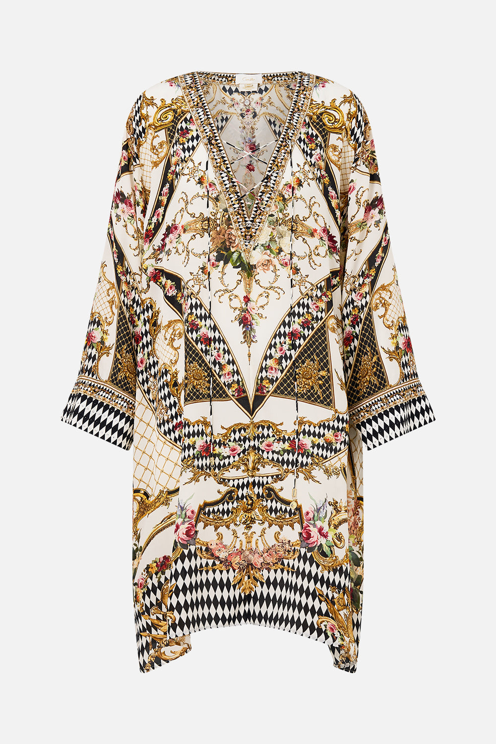 The CAMILLA METAL EYELET KAFTAN ROCOCO GLOW in our  print.
