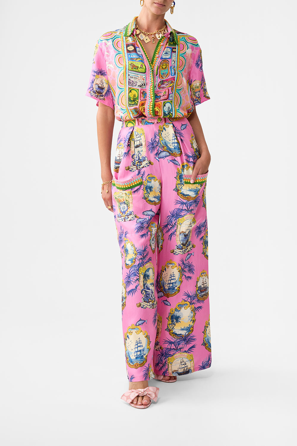 The CAMILLA WIDE LEG TROUSER WITH FRONT POCKETS SALTY SPLENDOUR in our SALTY SPLENDOUR print.