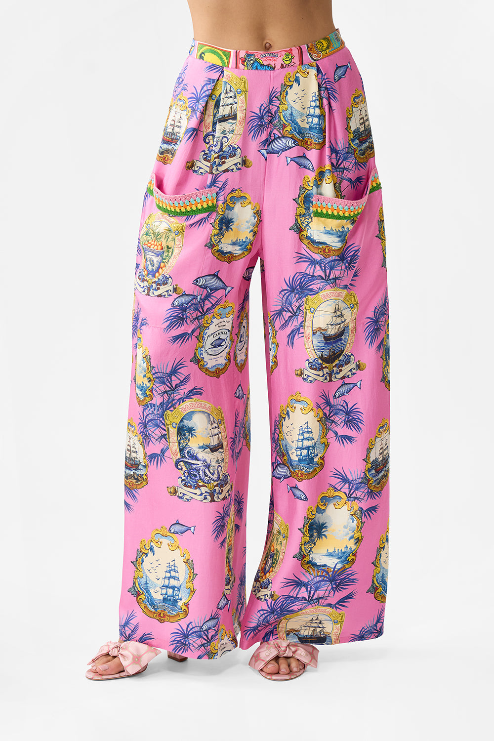 The CAMILLA WIDE LEG TROUSER WITH FRONT POCKETS SALTY SPLENDOUR in our  print.