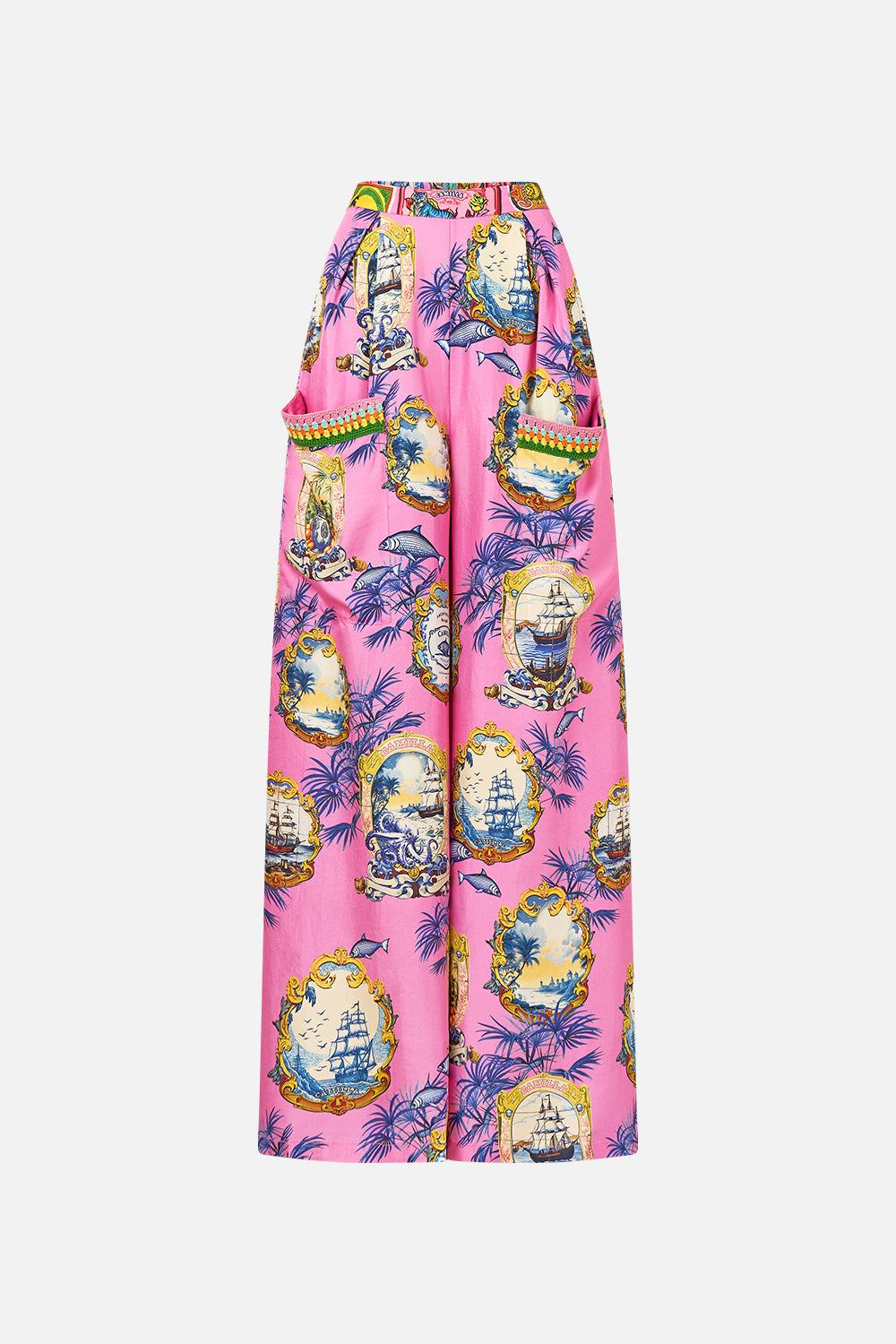 The CAMILLA WIDE LEG TROUSER WITH FRONT POCKETS SALTY SPLENDOUR in our  print.
