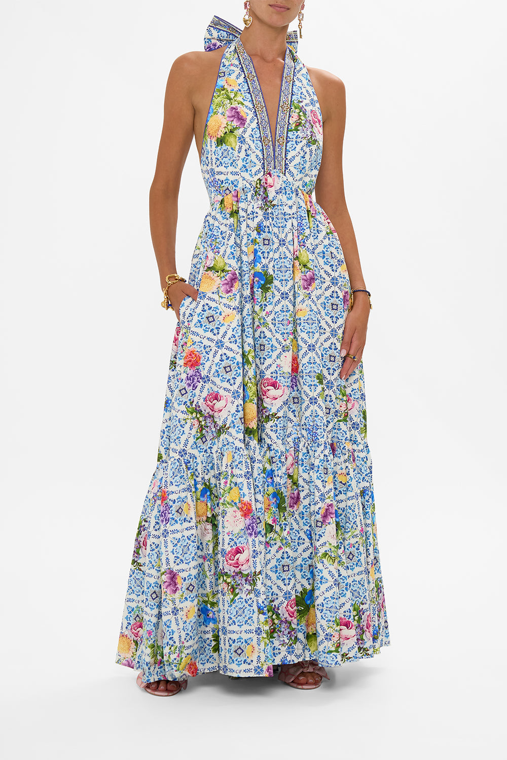 CAMILLA Ruffle Hem Halter Dress in Wall To Wall Wonders print