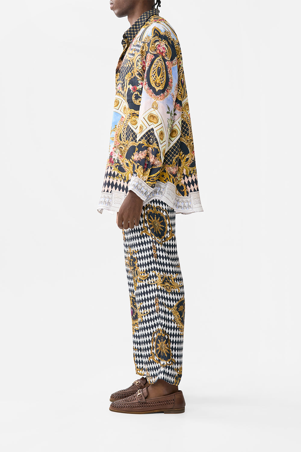 The CAMILLA TAILORED LOUNGE PANT MONARCHY MANIA in our  print.