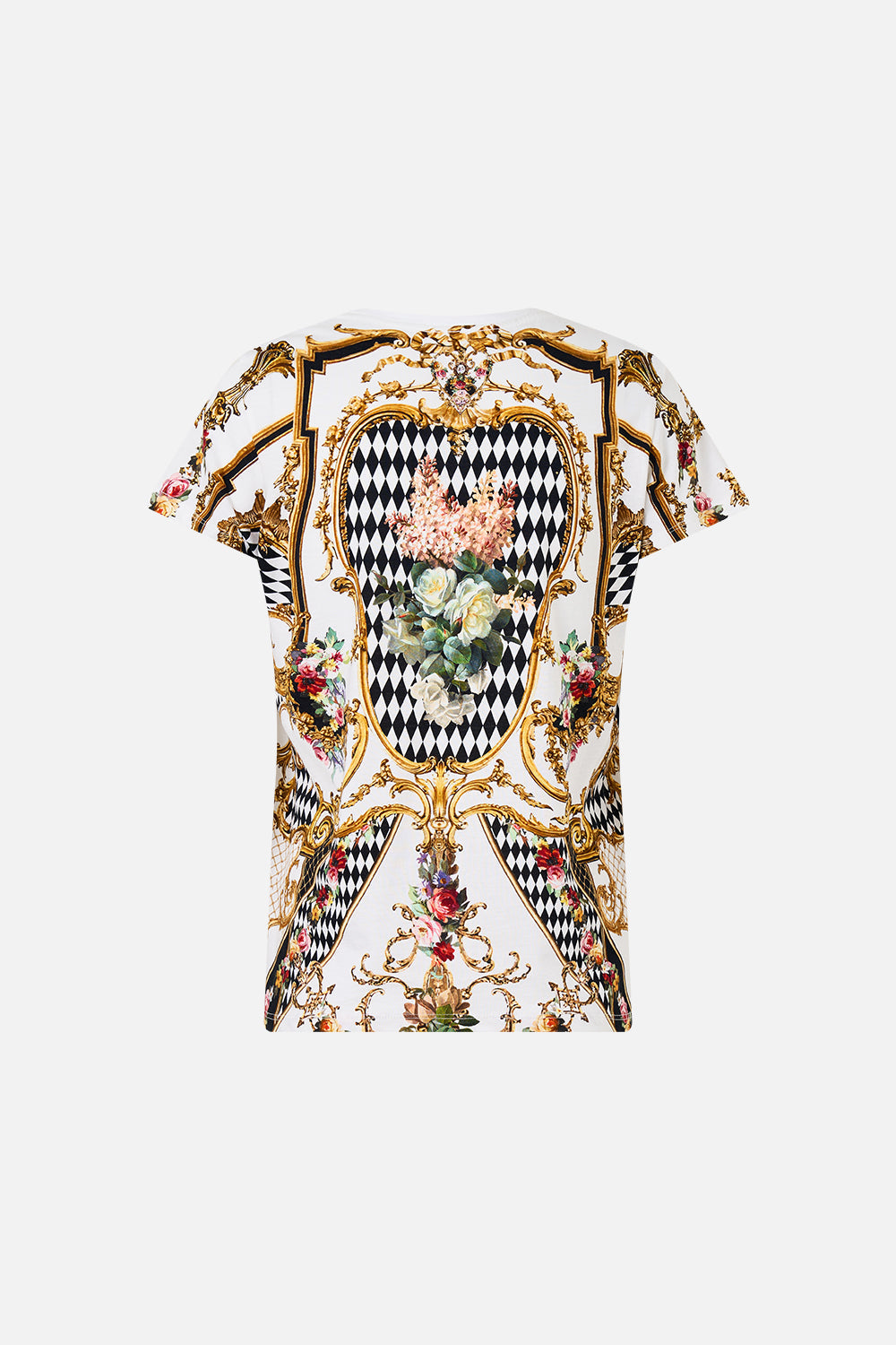 The CAMILLA SLIM FIT ROUND NECK T-SHIRT - WHITE/GOLD ROCOCO GLOW in our  print.