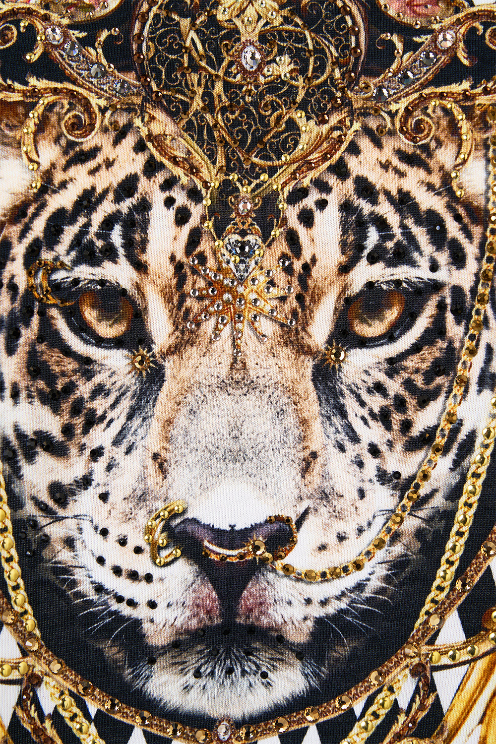 The CAMILLA SLIM FIT ROUND NECK T-SHIRT - WHITE/GOLD ROCOCO GLOW in our  print.