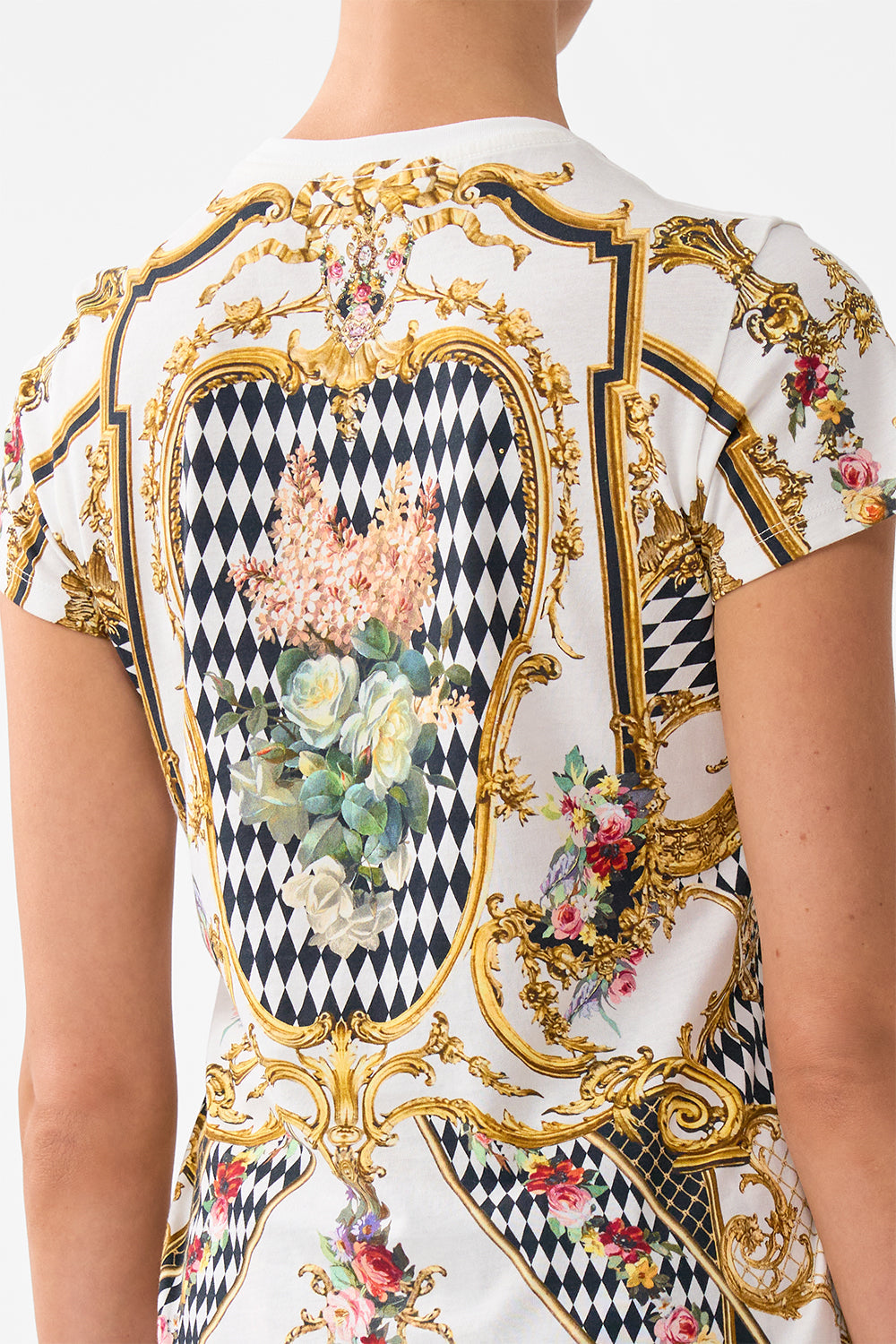 The CAMILLA SLIM FIT ROUND NECK T-SHIRT - WHITE/GOLD ROCOCO GLOW in our  print.