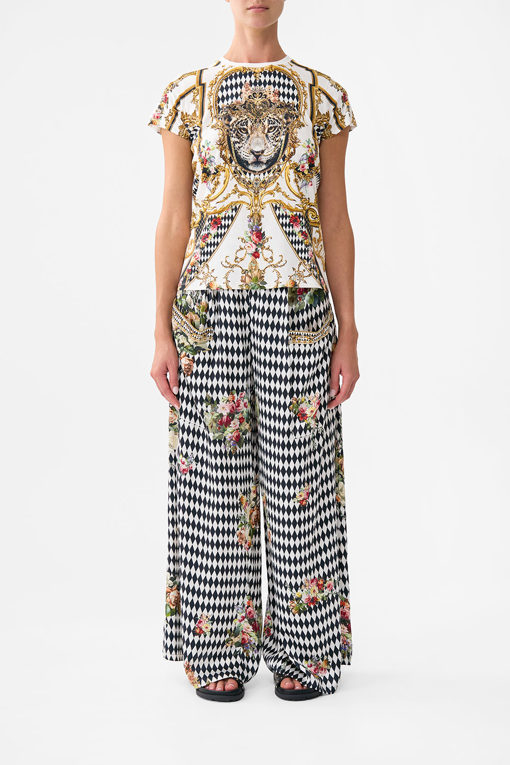 The CAMILLA SLIM FIT ROUND NECK T-SHIRT - WHITE/GOLD ROCOCO GLOW in our ROCOCO GLOW print.