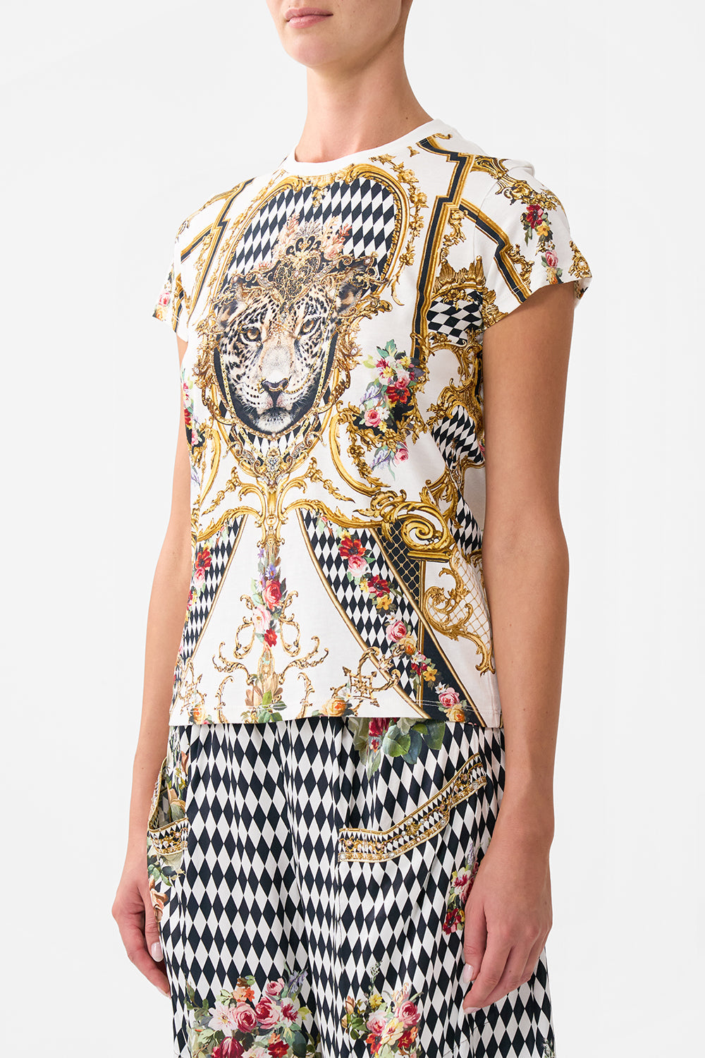 The CAMILLA SLIM FIT ROUND NECK T-SHIRT - WHITE/GOLD ROCOCO GLOW in our  print.