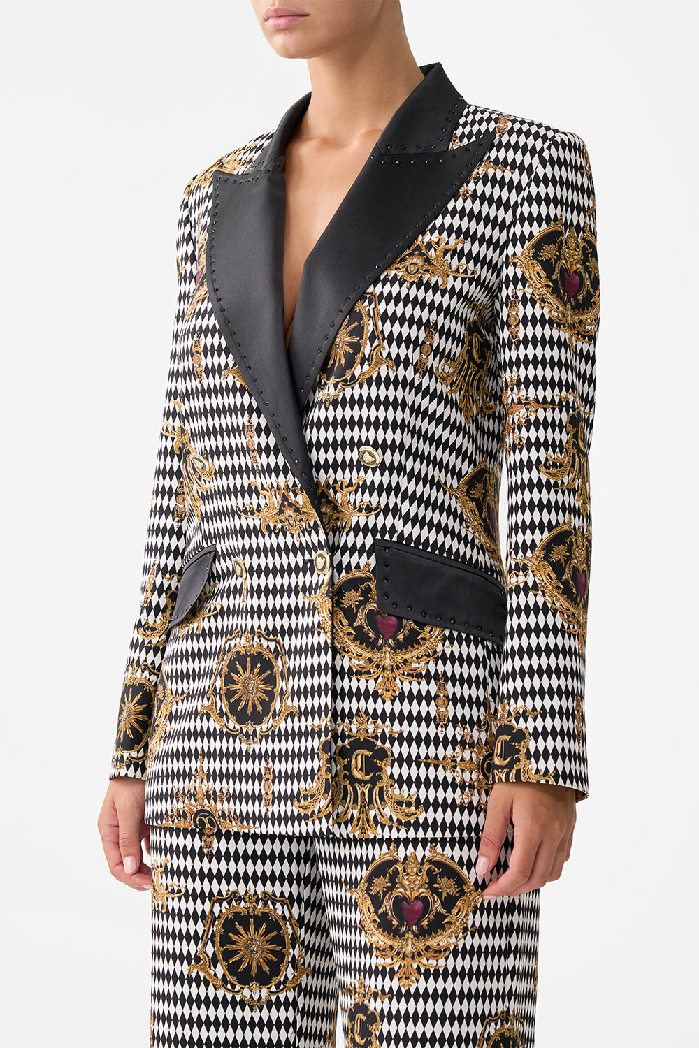The CAMILLA DOUBLE BREASTED SUIT JACKET MONARCHY MANIA in our  print.