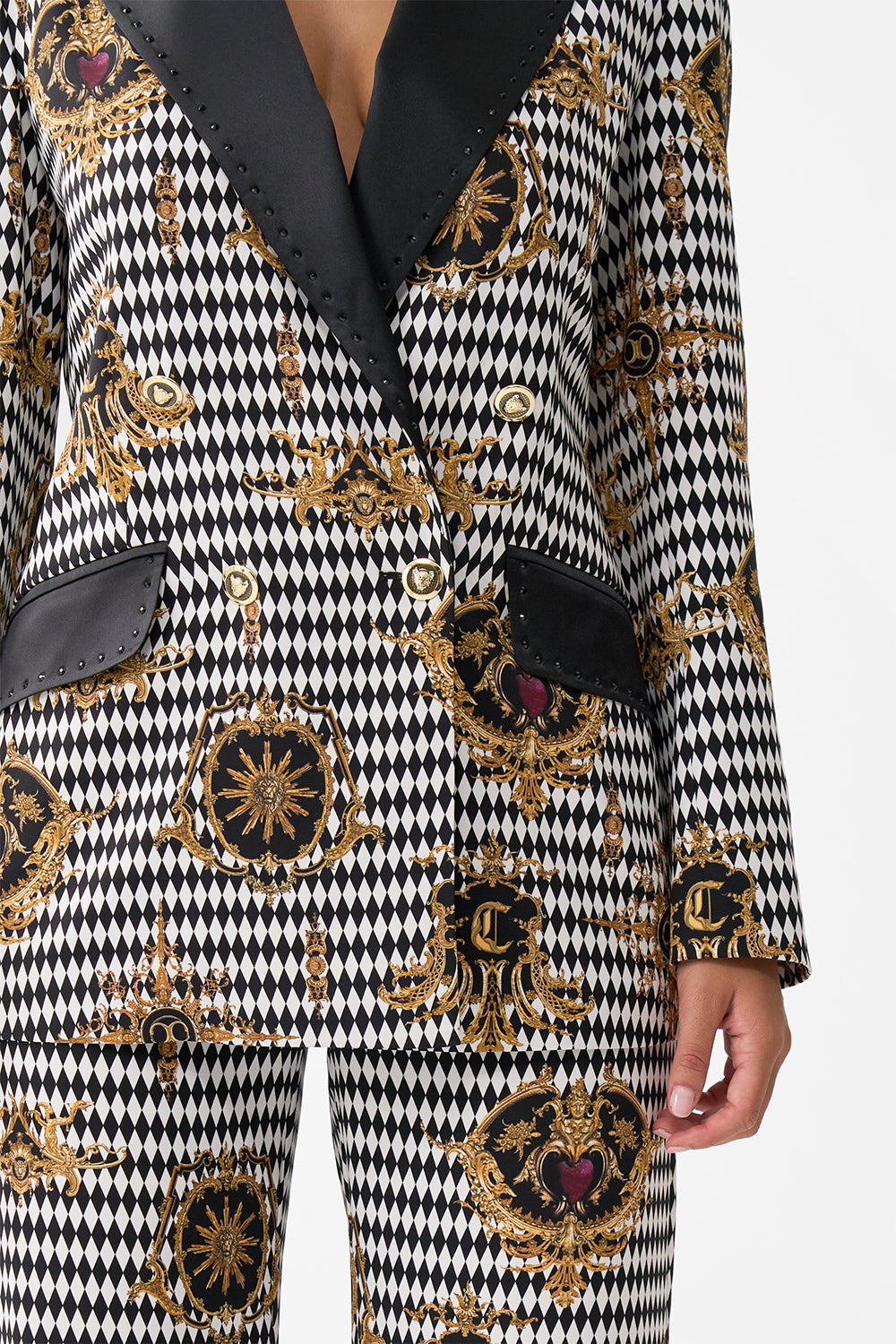 The CAMILLA DOUBLE BREASTED SUIT JACKET MONARCHY MANIA in our  print.