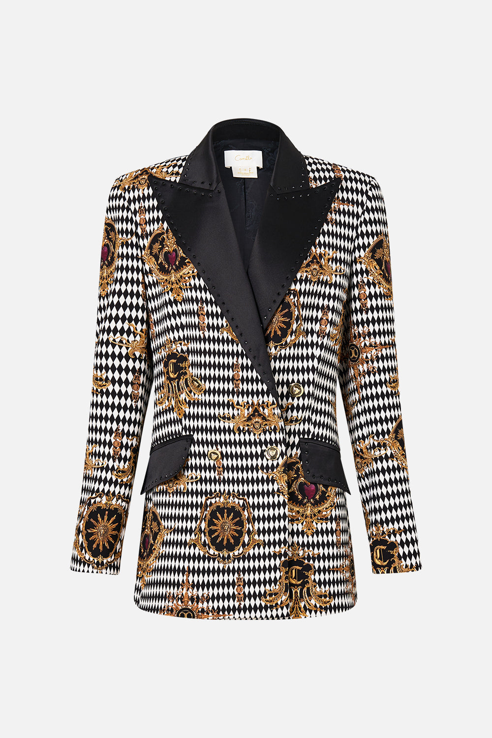 The CAMILLA DOUBLE BREASTED SUIT JACKET MONARCHY MANIA in our  print.