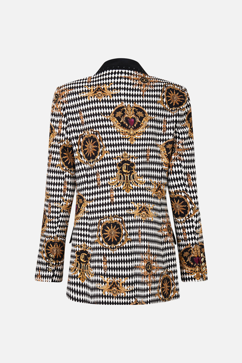 The CAMILLA DOUBLE BREASTED SUIT JACKET MONARCHY MANIA in our  print.