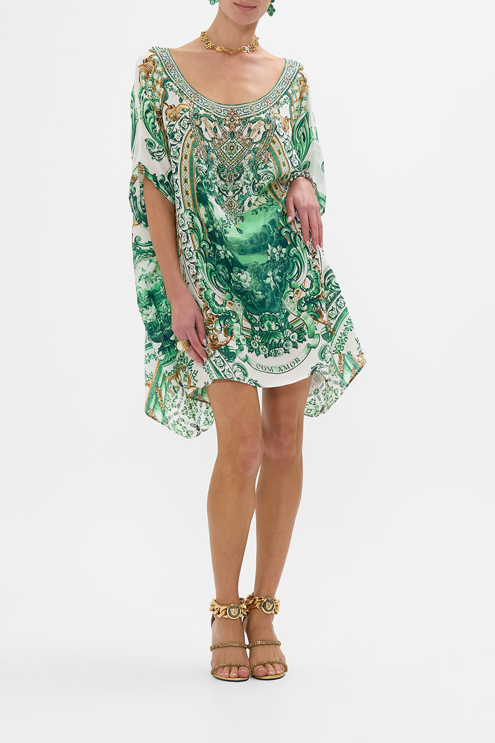 CAMILLA Short Round Neck Kaftan in Corridor Of Calm print