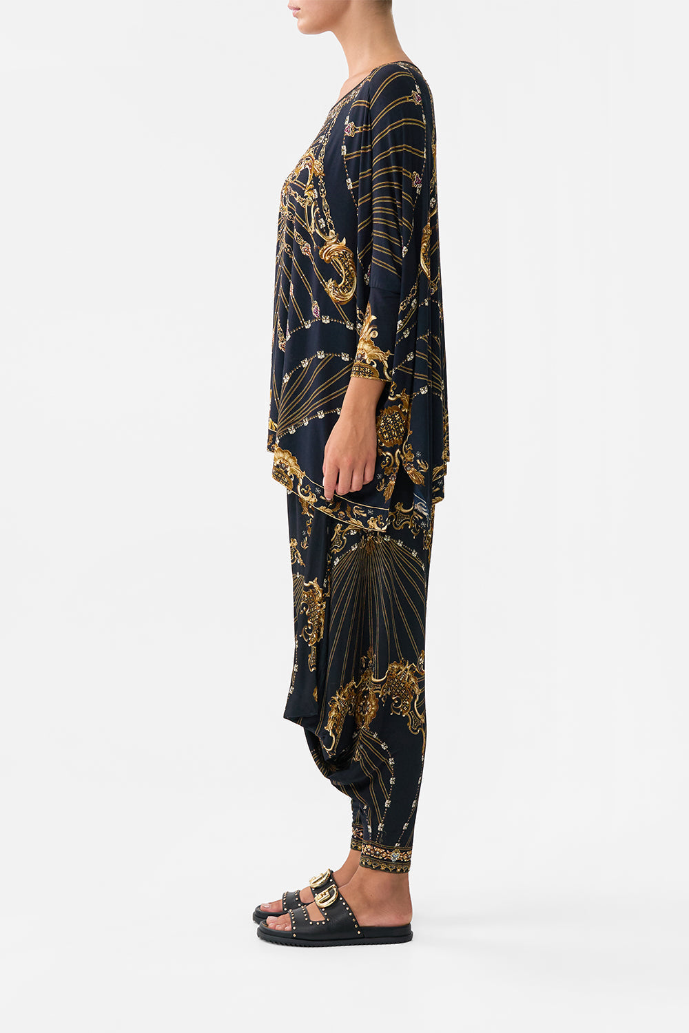 The CAMILLA JERSEY DRAPE PANT WITH POCKET BAROQUE AROUND THE CLOCK in our  print.