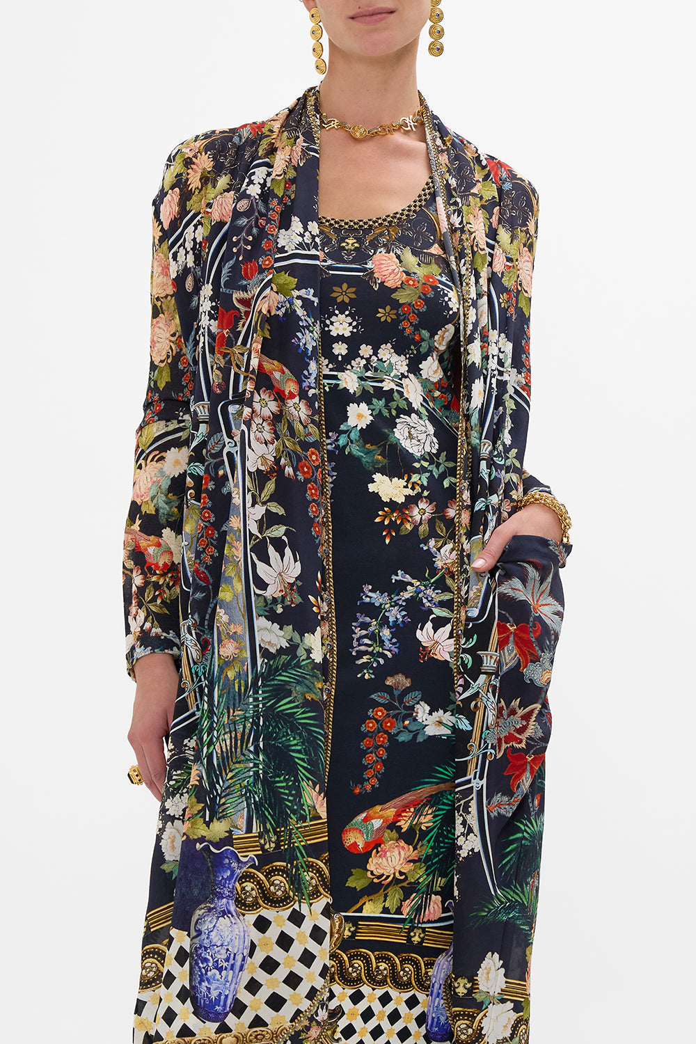 The CAMILLA LONG CASUAL JACKET WITH POCKETS PALACIO POETRY in our  print.