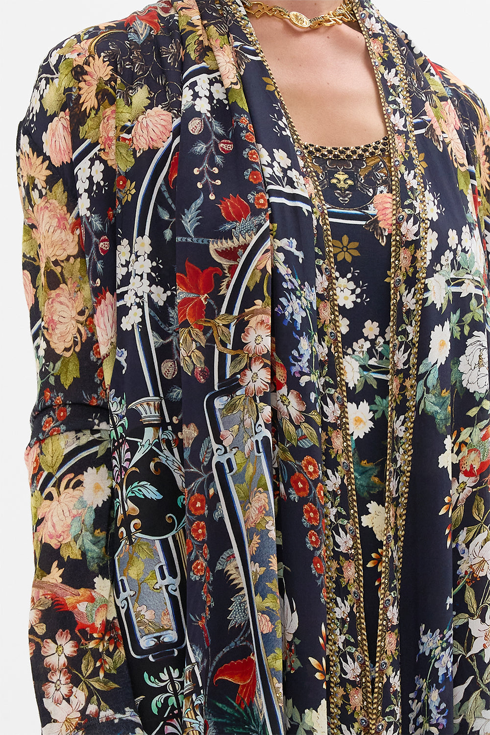 The CAMILLA LONG CASUAL JACKET WITH POCKETS PALACIO POETRY in our  print.