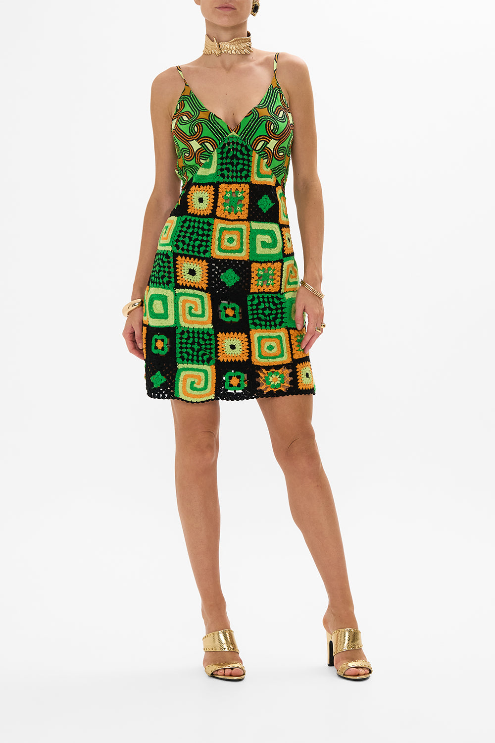 CAMILLA green mini crochet dress with silk top in Good Vibes Generation print.