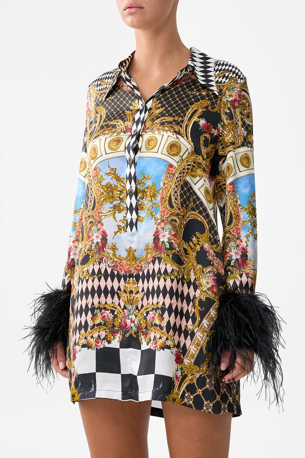 MINI SHIRT DRESS WITH FEATHERS MONARCHY MANIA