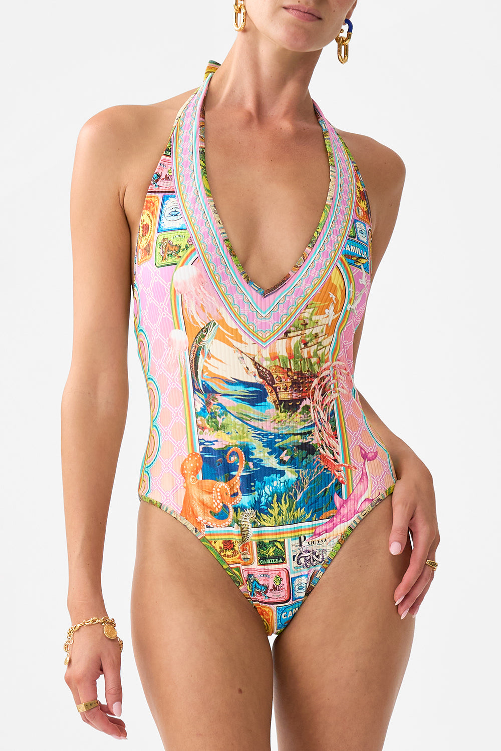 The CAMILLA REVERSIBLE BIND EDGE HALTER ONE PIECE SALTY SPLENDOUR in our  print.