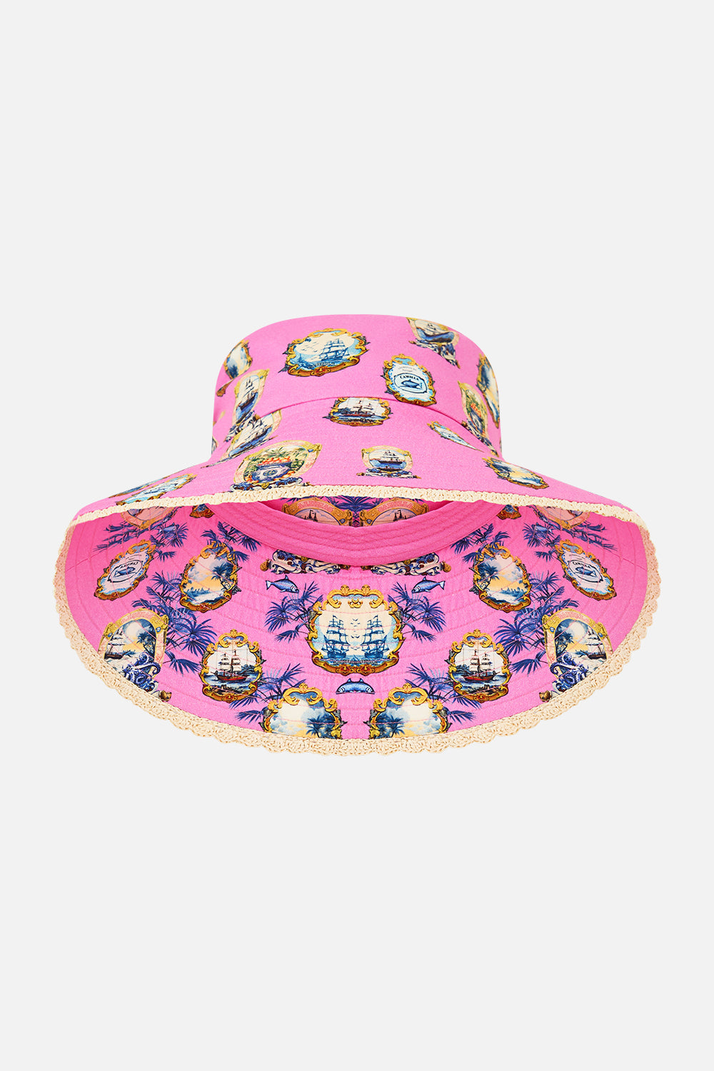 The CAMILLA WIDE BRIM BUCKET HAT SALTY SPLENDOUR in our SALTY SPLENDOUR print.