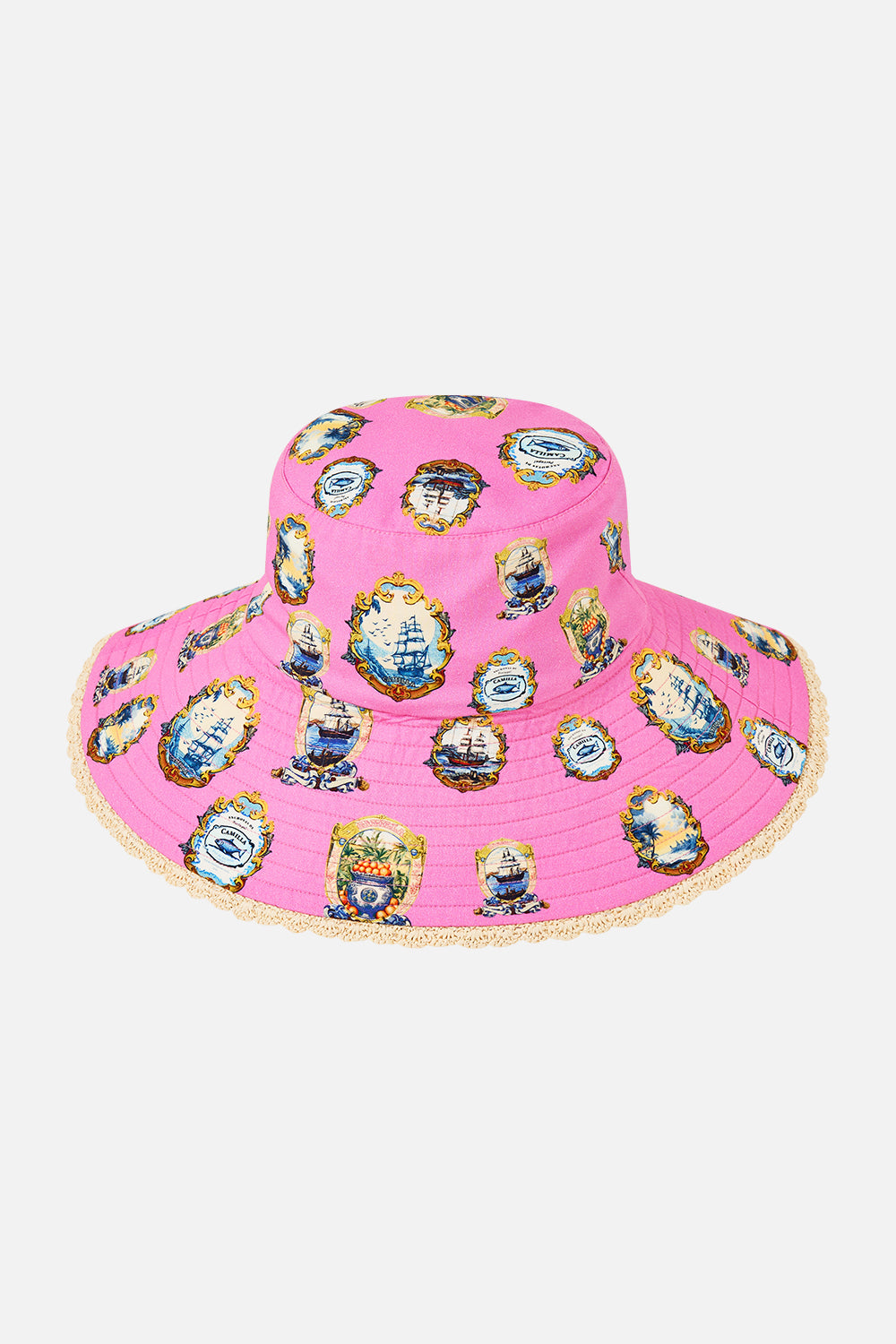 The CAMILLA WIDE BRIM BUCKET HAT SALTY SPLENDOUR in our  print.