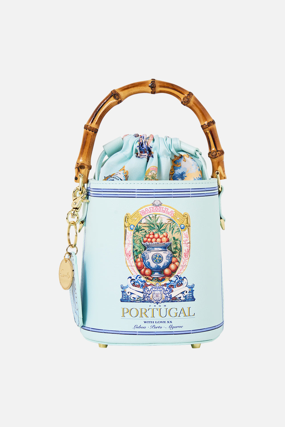 The CAMILLA DRAWSTRING BUCKET BAG SONG OF SAINT ANTHONY in our SONG OF SAINT ANTHONY print.