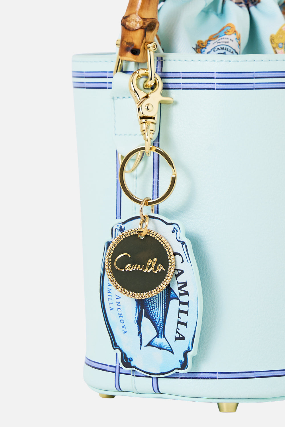 The CAMILLA DRAWSTRING BUCKET BAG SONG OF SAINT ANTHONY in our  print.