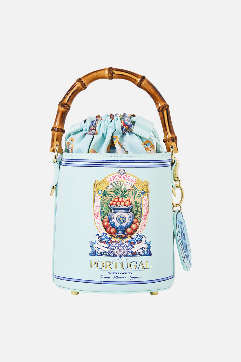 The CAMILLA DRAWSTRING BUCKET BAG SONG OF SAINT ANTHONY in our  print.