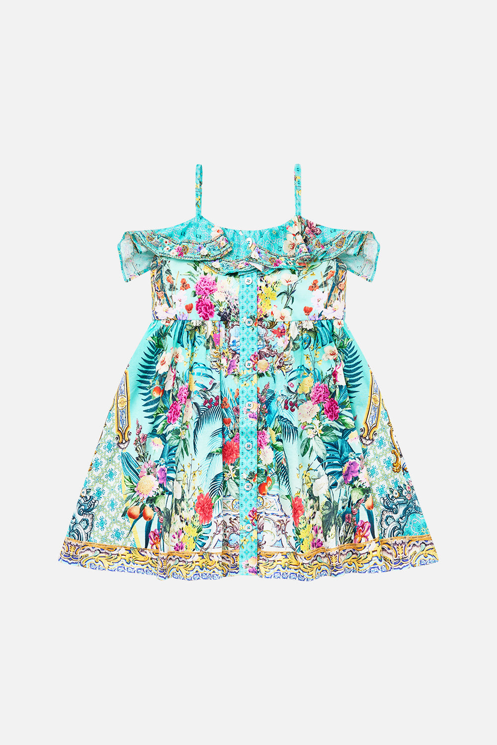 The CAMILLA KIDS STRAPPY MINI DRESS WITH WAIST BOW 4-10 GARDENS OF QUELUZ in our GARDENS OF QUELUZ print.
