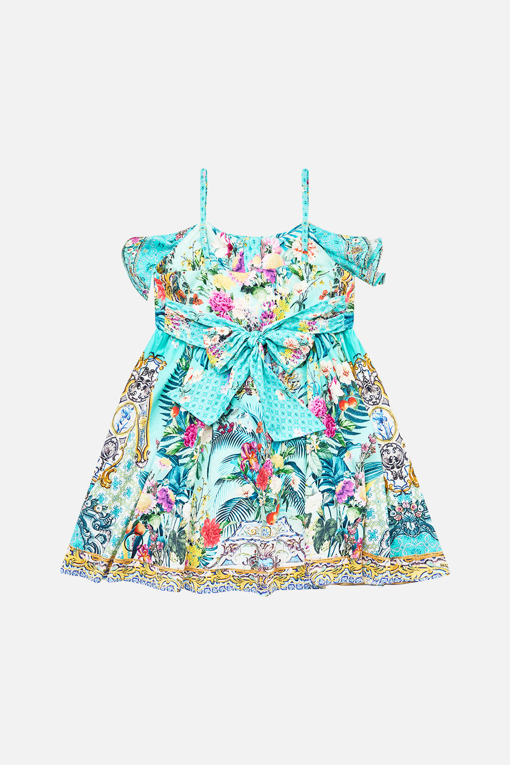 The CAMILLA KIDS STRAPPY MINI DRESS WITH WAIST BOW 4-10 GARDENS OF QUELUZ in our  print.