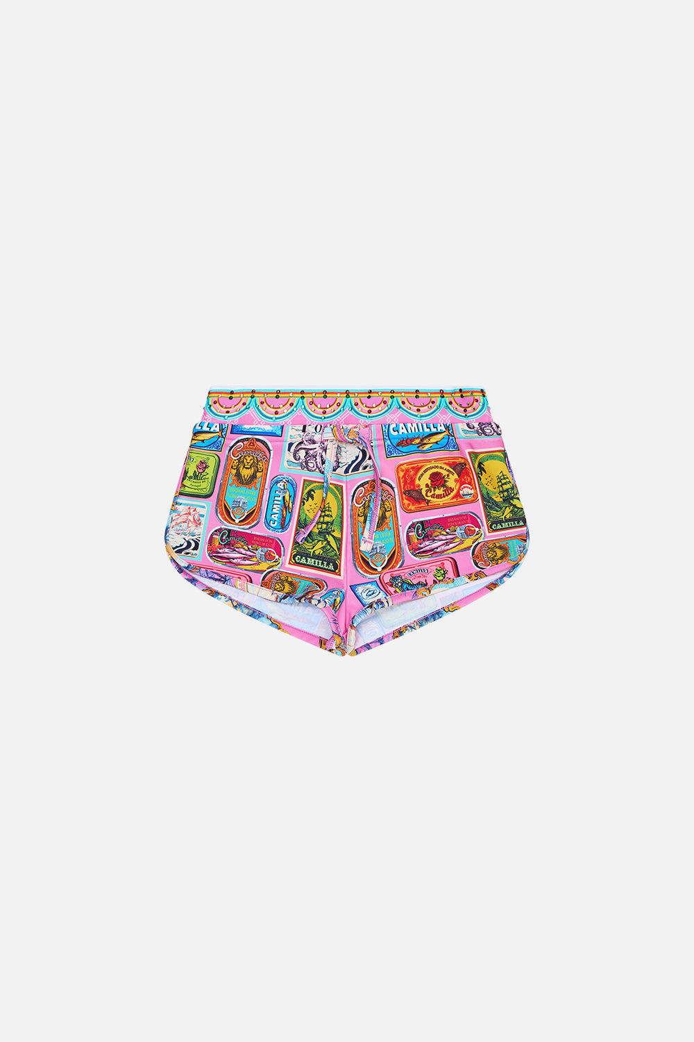 The CAMILLA KIDS BOARDIE STYLE SWIM SHORT 4-10 SALTY SPLENDOUR in our SALTY SPLENDOUR print.