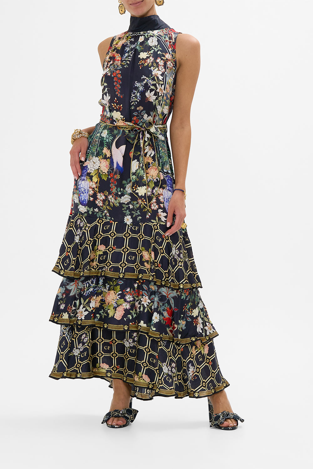 CAMILLA Highneck Tiered Ruffle Hem Dress in Palacio Poetry print