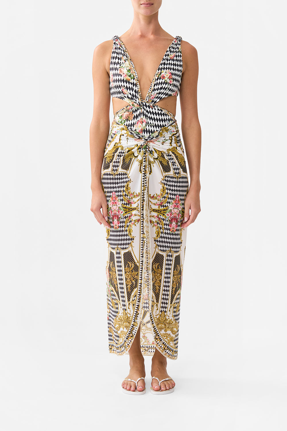 The CAMILLA TWIST FRONT CUT OUT ONE PIECE ROCOCO GLOW in our  print.