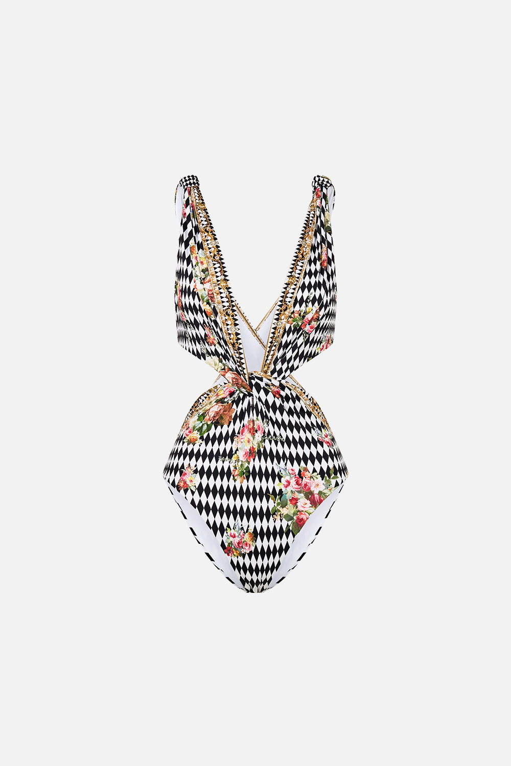 The CAMILLA TWIST FRONT CUT OUT ONE PIECE ROCOCO GLOW in our  print.