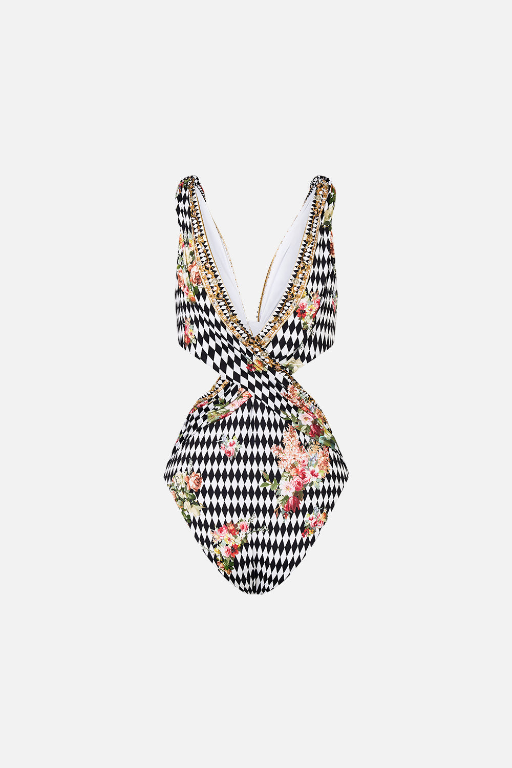The CAMILLA TWIST FRONT CUT OUT ONE PIECE ROCOCO GLOW in our  print.