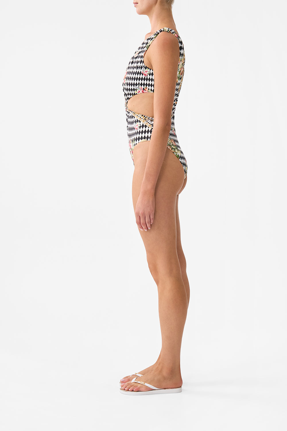 The CAMILLA TWIST FRONT CUT OUT ONE PIECE ROCOCO GLOW in our  print.