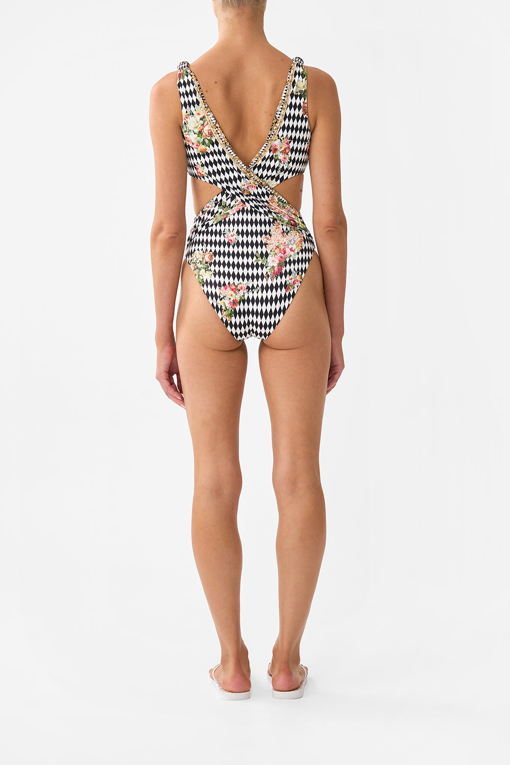 The CAMILLA TWIST FRONT CUT OUT ONE PIECE ROCOCO GLOW in our  print.